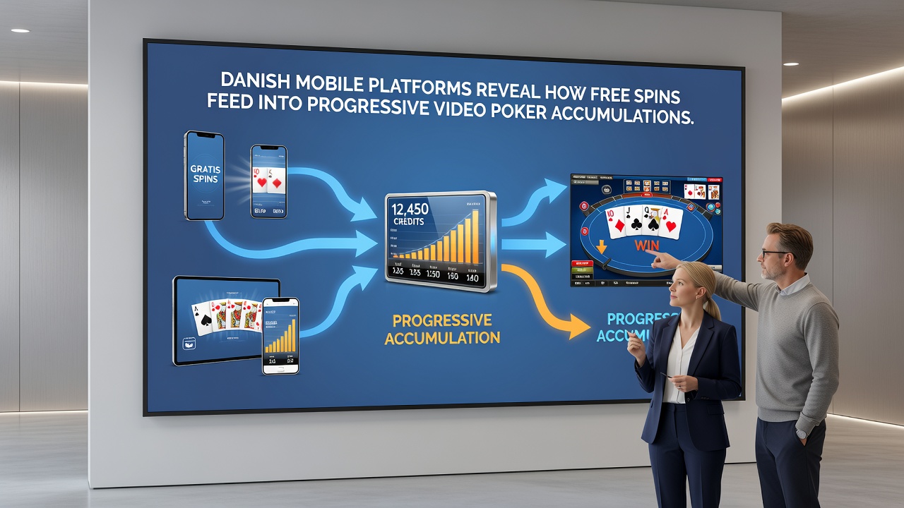Skærmbillede af mobilapp der viser free spins og progressiv jackpot i video poker