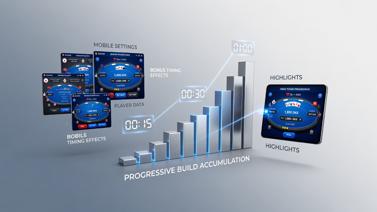 Illustration af mobil video poker session med bonus timing og progressive build progression